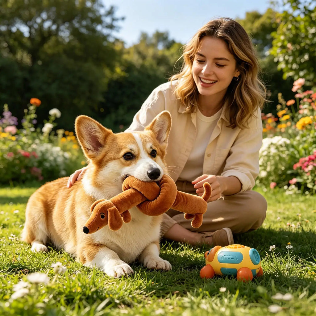 Squeaky Dog Toys Dachshund Shape Interactive Soft Companion Dog Chew Toys for Indoor Play Training Teething Boredom Relief Qme