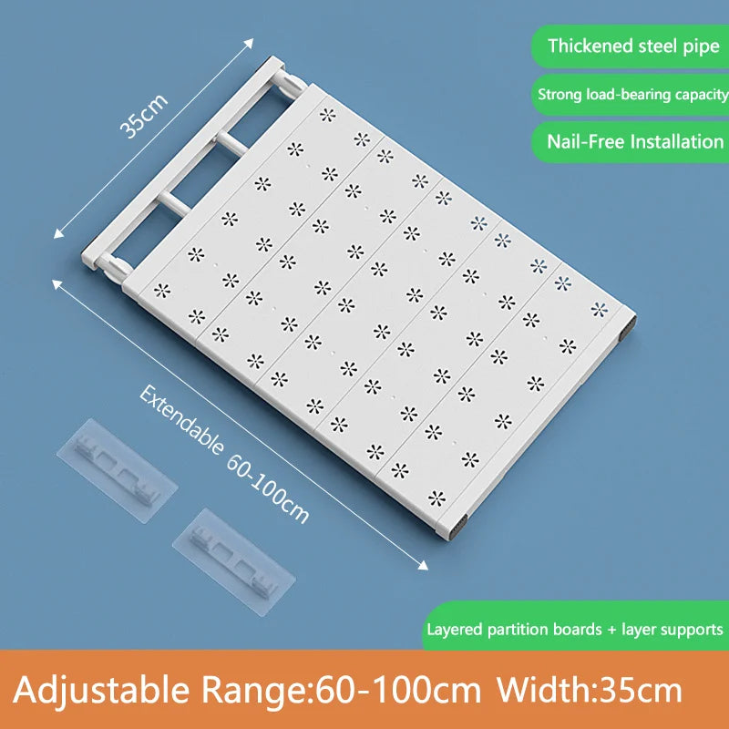 No-Drill Expandable Shelf Dividers Adjustable Wardrobe Cabinet Organizers Kitchen/Bathroom Storage Rack Dorm Space-Saving Qme 60-100cm 35cm