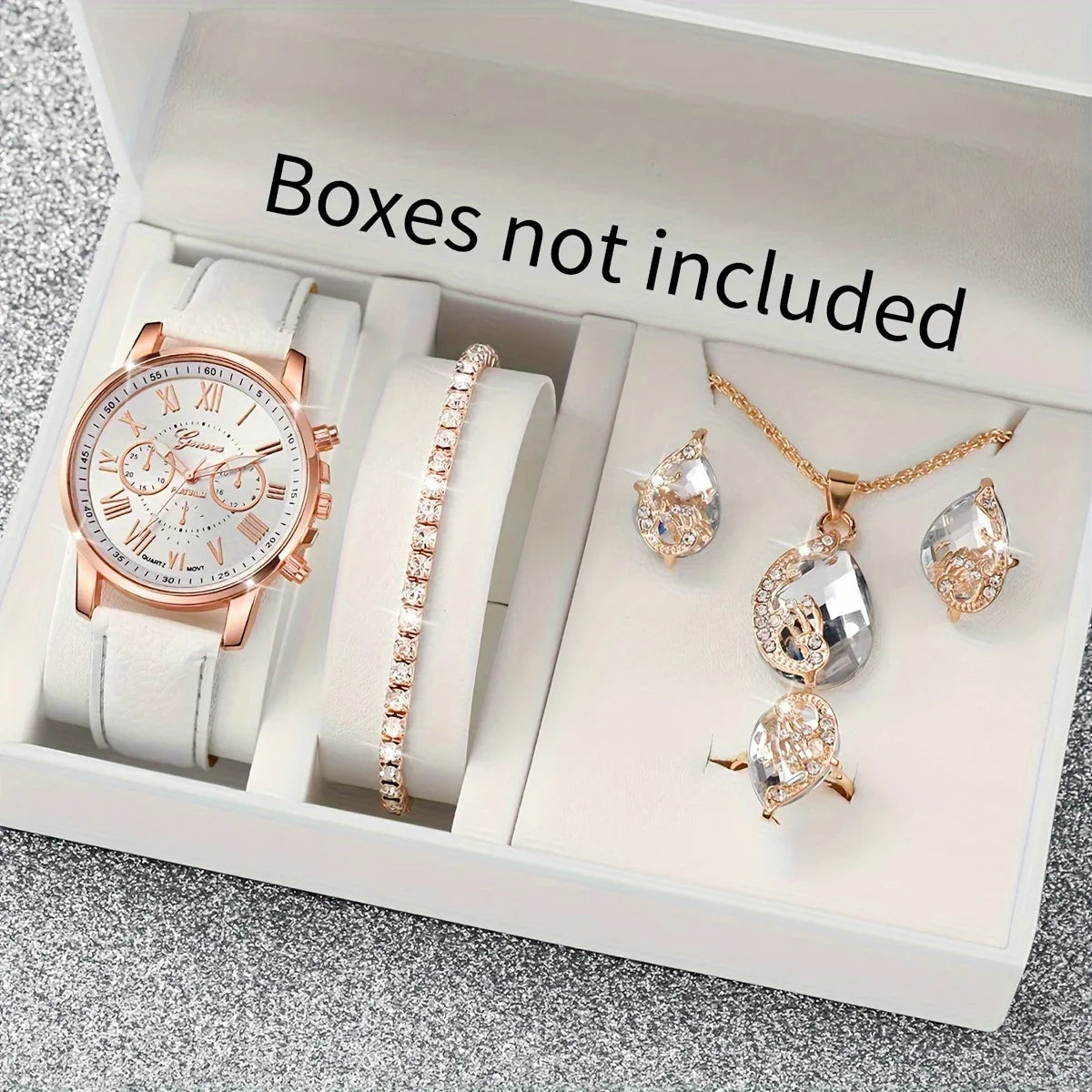 6pcs/set White Round Quartz Watch PU Leather Strap Zinc Alloy Pointer Zinc Alloy Case And Rhinestone Qme