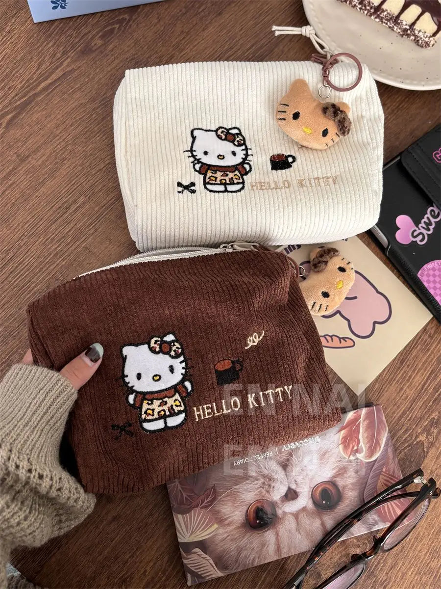 Hello Kitty Embroidered Handheld Corduroy Makeup Bag Large Capacity Qme