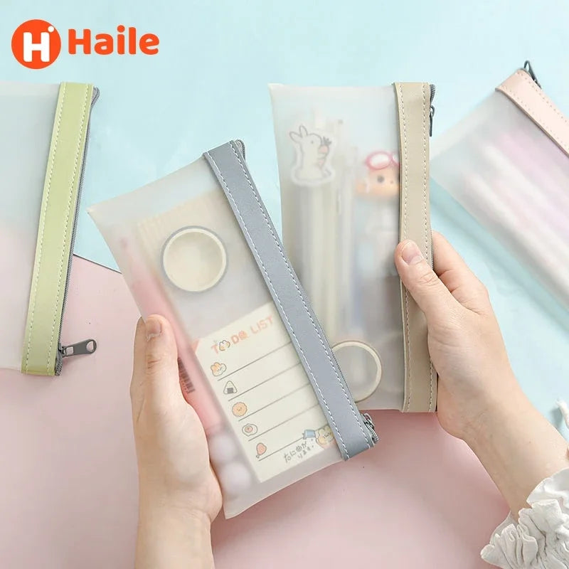 Frosted Transparent Pencil Case, High Appearance Waterproof Haze Blue Pink Pencil Box, Kawaii School Stationery Organizer Qme