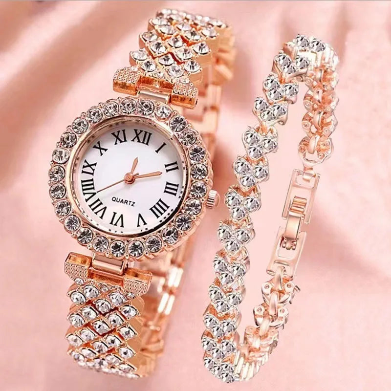 Reloj Fashion Roman Pattern Diamond Ladies Watch for women Quartz Women's Watch Girls Lady Clock Bracelet Chains Free Shipping Qme Rose gold