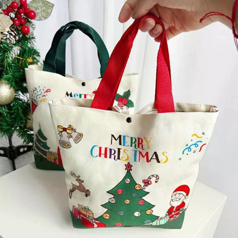 Christmas Gift Bags With Santa Claus Reindeer & Snowman Designs Durable Canvas Tote Bags Party Candy Bag Gift Bag Bulk Qme