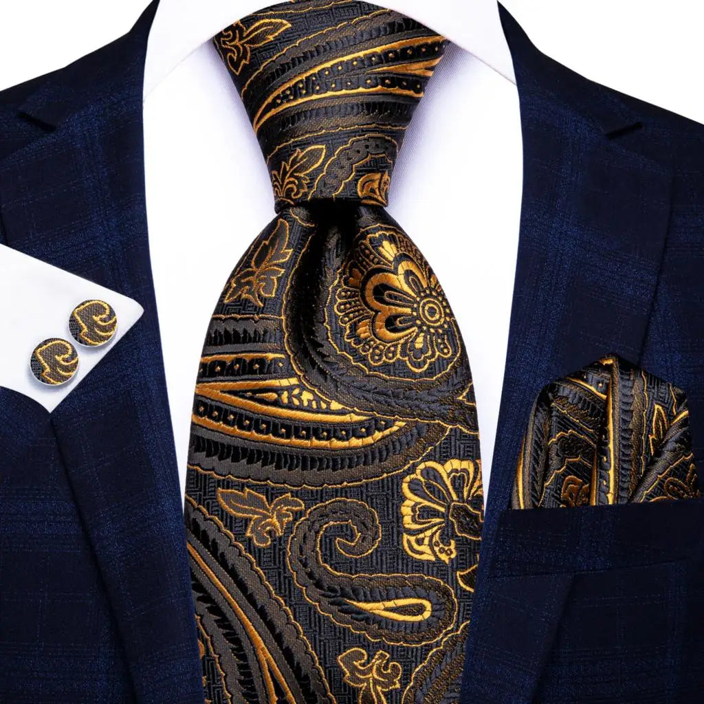 Hi-tie Psialey Black Gold Silk Elegant Tie Men Groom Wedding Necktie Qme SN-3913