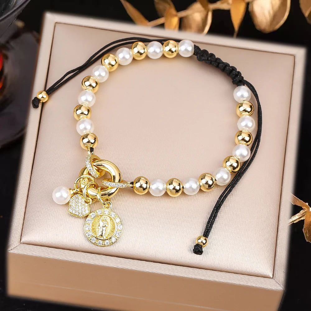 New Design Pearl Copper Braided Virgin Mary Zirconia Black Rope Bracelet Fashion For Woman Daily Party Jewelry Religious Gift Qme L