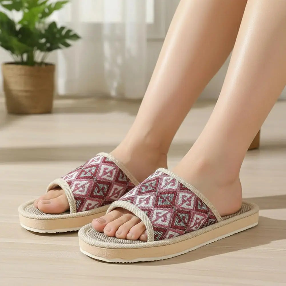 Four Season Couple's Multicolor Linen Slippers Women Indoor Striped Non-Slip Sandals Men Comfort Indoor Floor Breathable Slides Qme