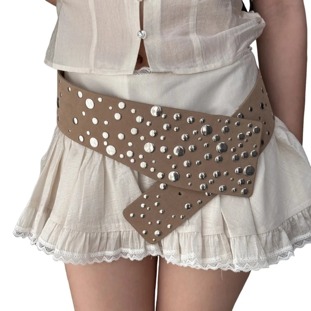 PU Leather Rivets Extra Wide Belt Y2K Exaggerated Studded Wide Waistband Punk Versatile Irregular Decorative Belt Concert Qme Khaki