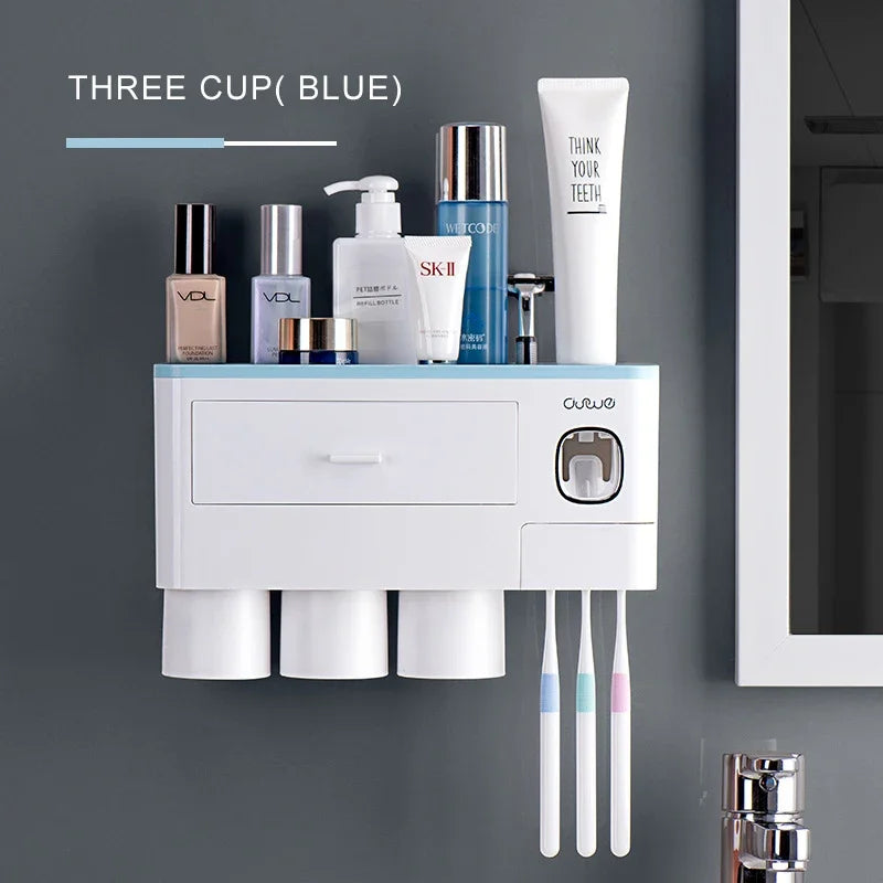 Magnetic Adsorption Inverted Toothbrush Holder Automatic Toothpaste Dispenser With Cup Toothpaste Bathroom Accessories Set Qme CF048-8
