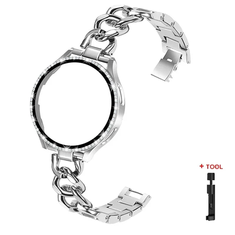 Bling Case+Bracelet for Samsung Galaxy Watch 6 5 4 40mm 44mm Metal Cowboy Chain Strap Screen protector Galaxy Watch 4 5 6 Band Qme Silver galaxy watch 6 40mm