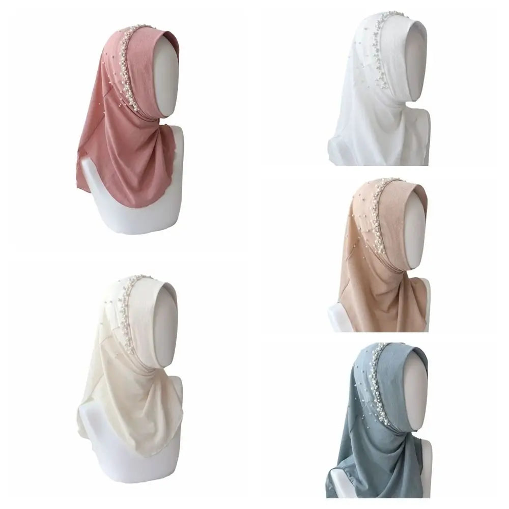 Cute Solid Color Beads Hijab Pull On Style Quick Drying Hijab Scarf Shawls Breathable Sun Protection Headscarf Summer Qme
