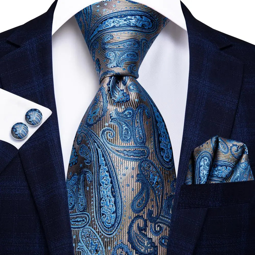 Extra Long Tie Set for Men, 3-Piece Wedding Accessories with Cufflinks & Pocket Handkerchief, Striped/Floral Design Qme DPTH-LDSN3533