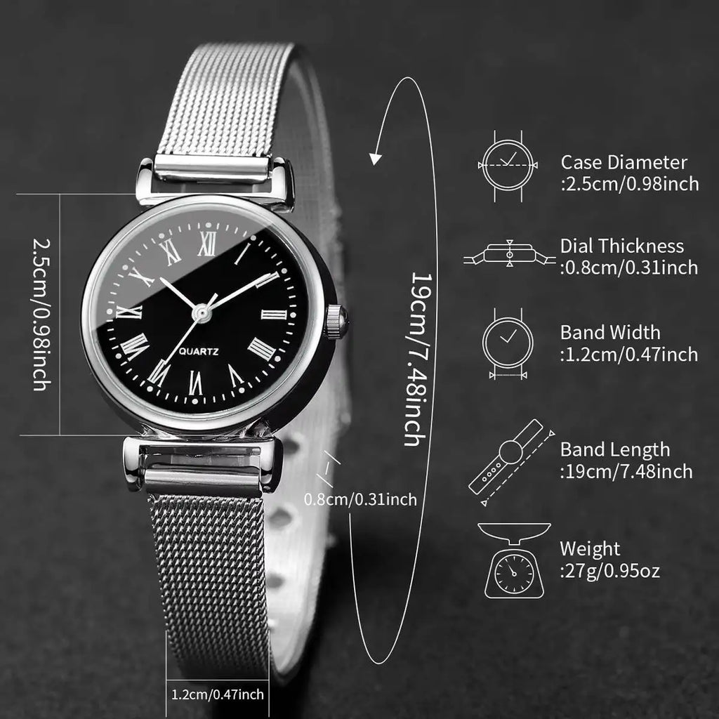 3PCS Fashion Roma Dial Women Watches Silver Mesh Band Quartz Wristwatches Jewelry Set Qme