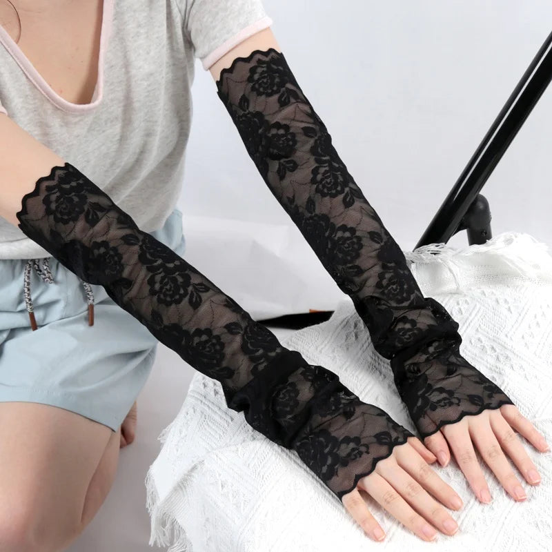 Summer Lace Hollow-out Fingerless Gloves Elastic Driving Cycling Qme black