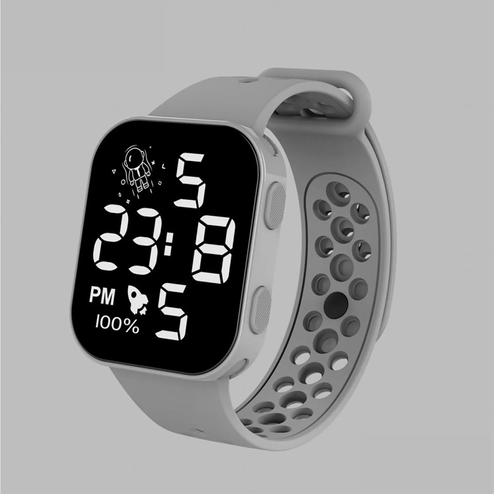 Children’s Solid Color Simple Fashion And Breathable Silicone Strap With Led Display Square Dial Calender Electronic Sport Watch Qme Gray