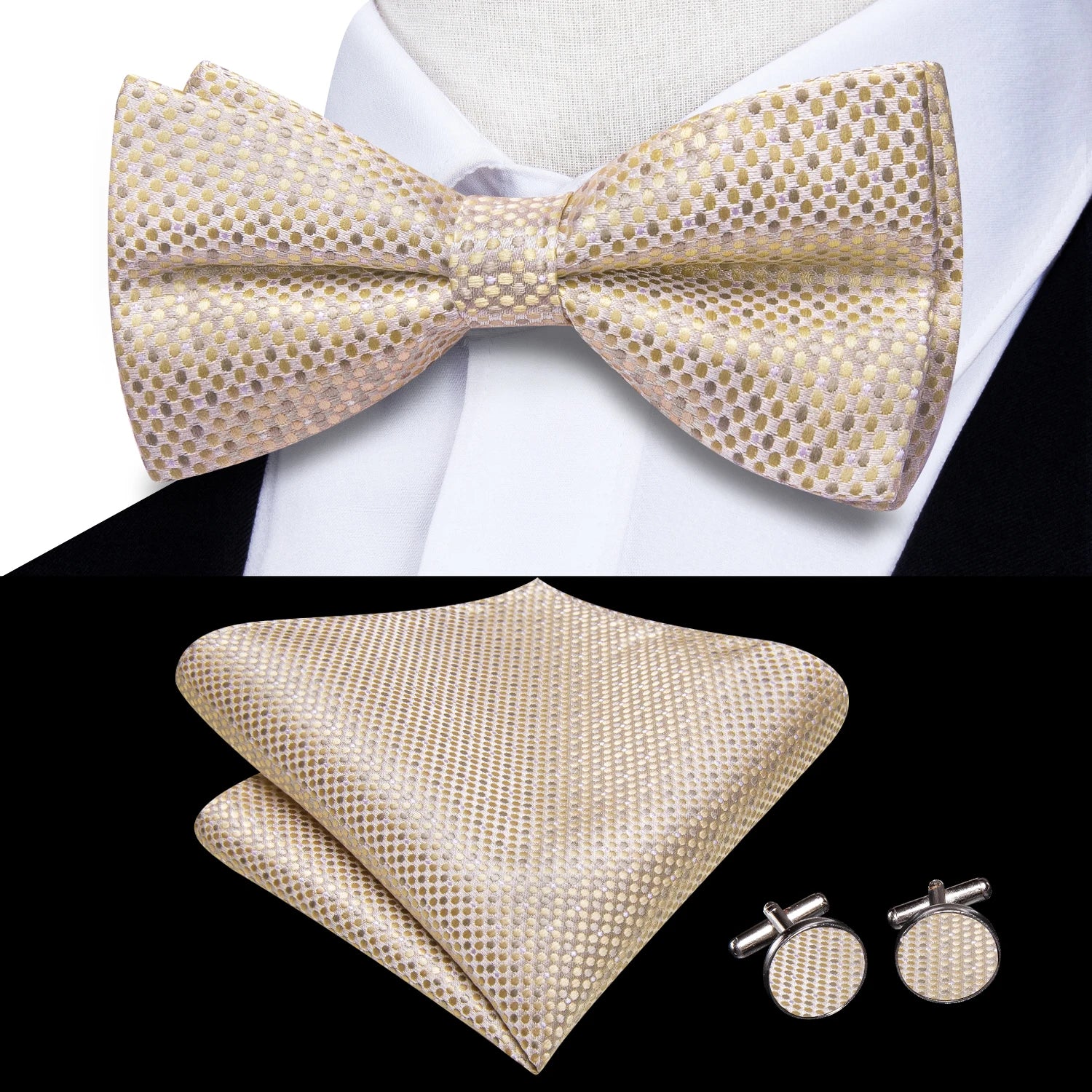 Hi-tie Silk Mens Striped Bow Tie Royal Blue Red Hanky Cufflinks