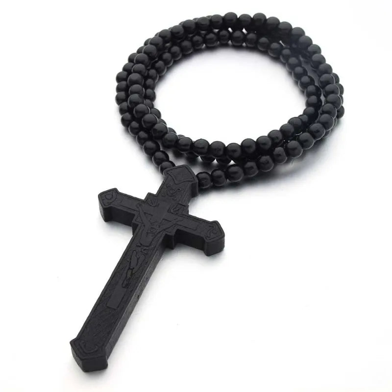 Wooden Rosary Pendant Cosplay Religious Antique Cool Cross Necklace Beads Catholic God Bless Jewelry Trend Fashion Festival Gift Qme Black
