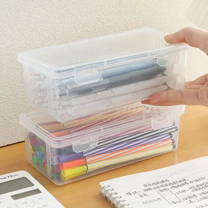 Black Transparent Plastic Storage Box Lid Desk Organizer Pens Pencils Qme