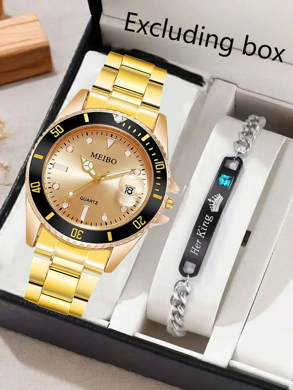 1 pcs of steel strip men's watch quartz watch fashion alloy men's watch gold and 1 pcs of crown bracelet Qme