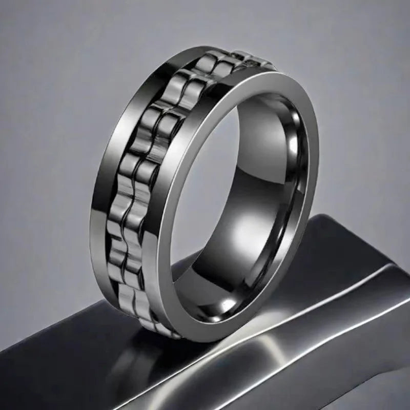 Fashion Punk Style Gear Rotating Anxiety Fidget Ring Titanium Steel Chain Spinner Rings For Men Rock Biker Wedding Party Jewelry Qme