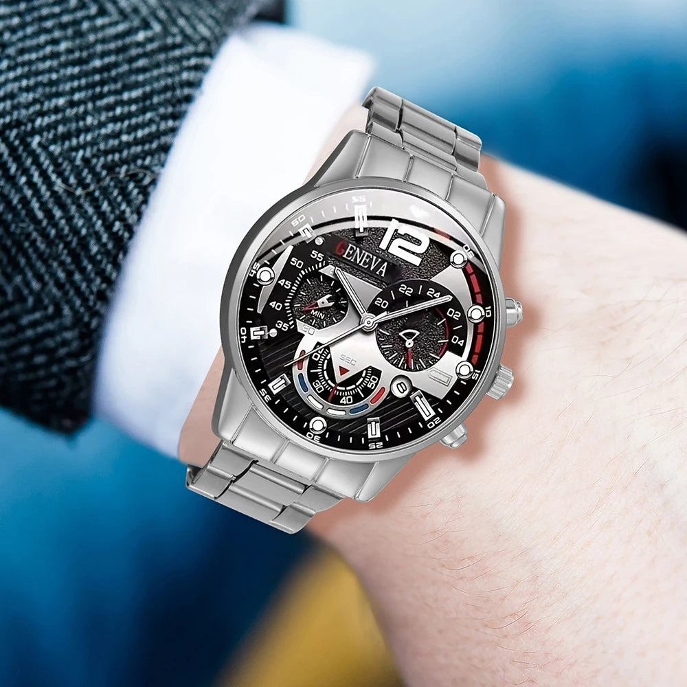 4Pcs Cross Men Watch Jewelry Set Silver Stainless Steel Chronograph Wristwatch Cuban Bracelet Cross Necklace Ring Gift For Him Qme
