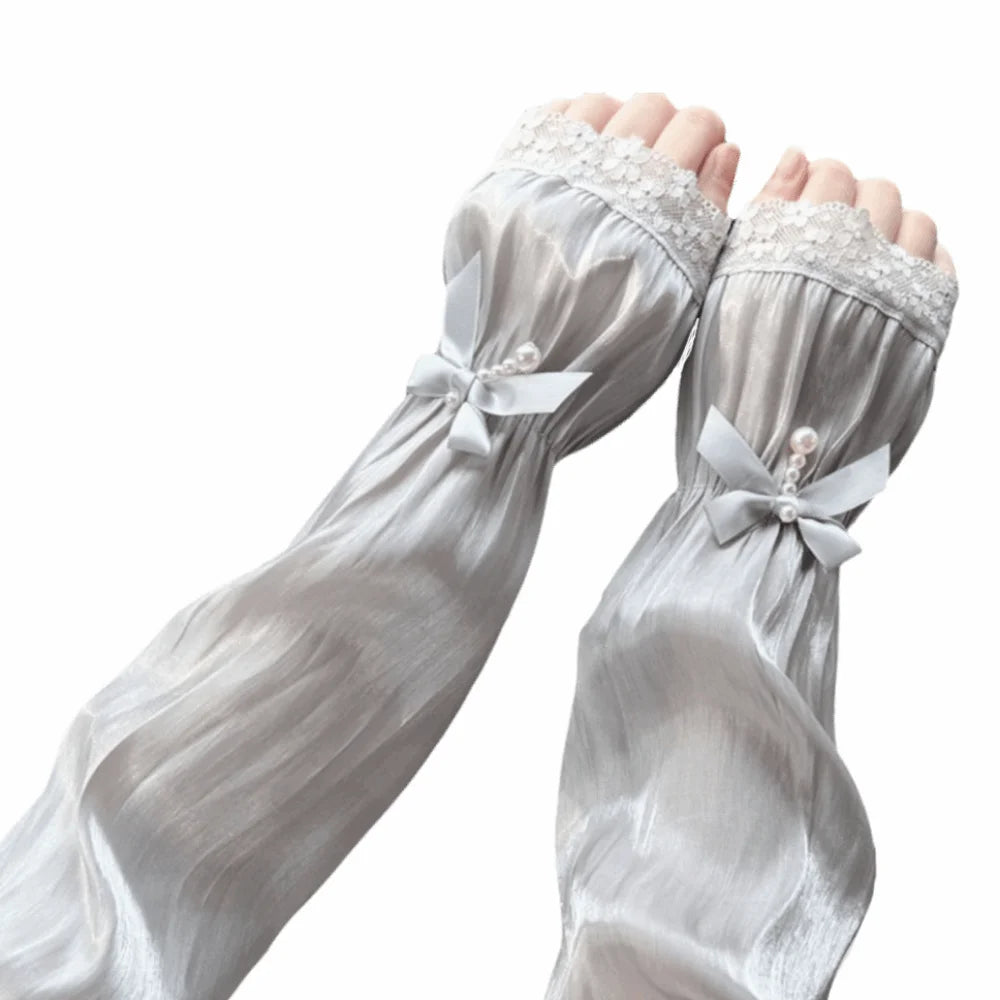Breathable Sun Protection Sleeves Elegant Solid UV Elastic Long Lace Qme Grey