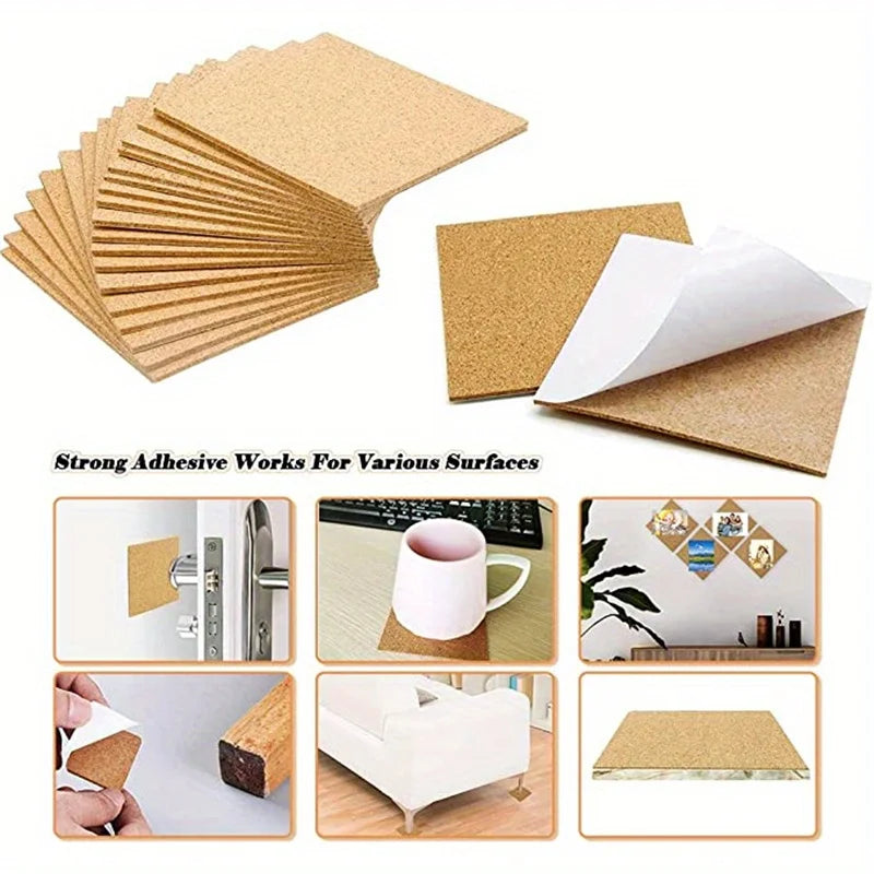 20 Pieces Self-Adhesive Square or Round Cork CoastersTiles Cork Pads Cork Boards Strong Adhesive for Office Home Bar Cafe Qme