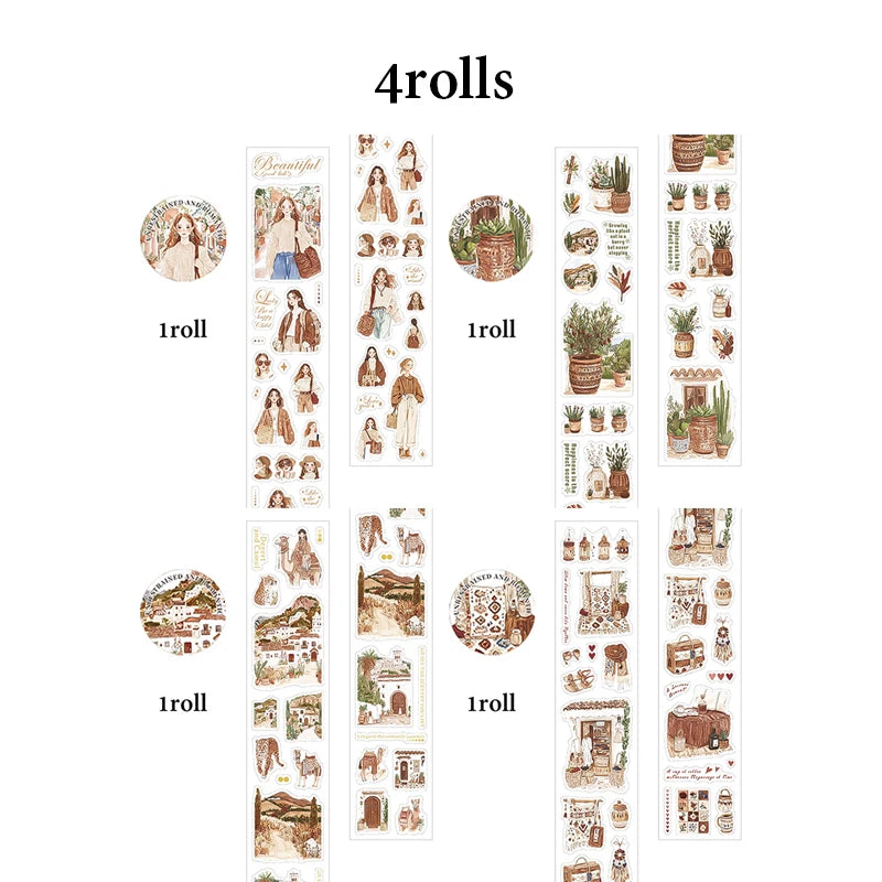 4 Rolls Boho Stickers, Vintage Vacation Style , Journal Scrapbooking Supplies, Essential for Journal Lovers Qme 4 Rolls