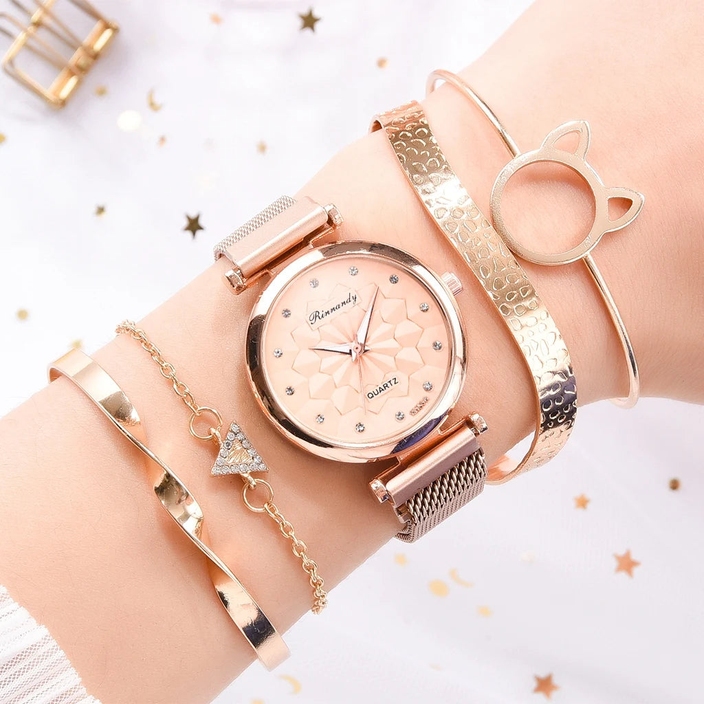 5PCS Bracelet Watches Set Fashion Women Rose Gold Mesh Belt Wristwatches Quartz Watch for Women Business Clock Relogio Feminino Qme