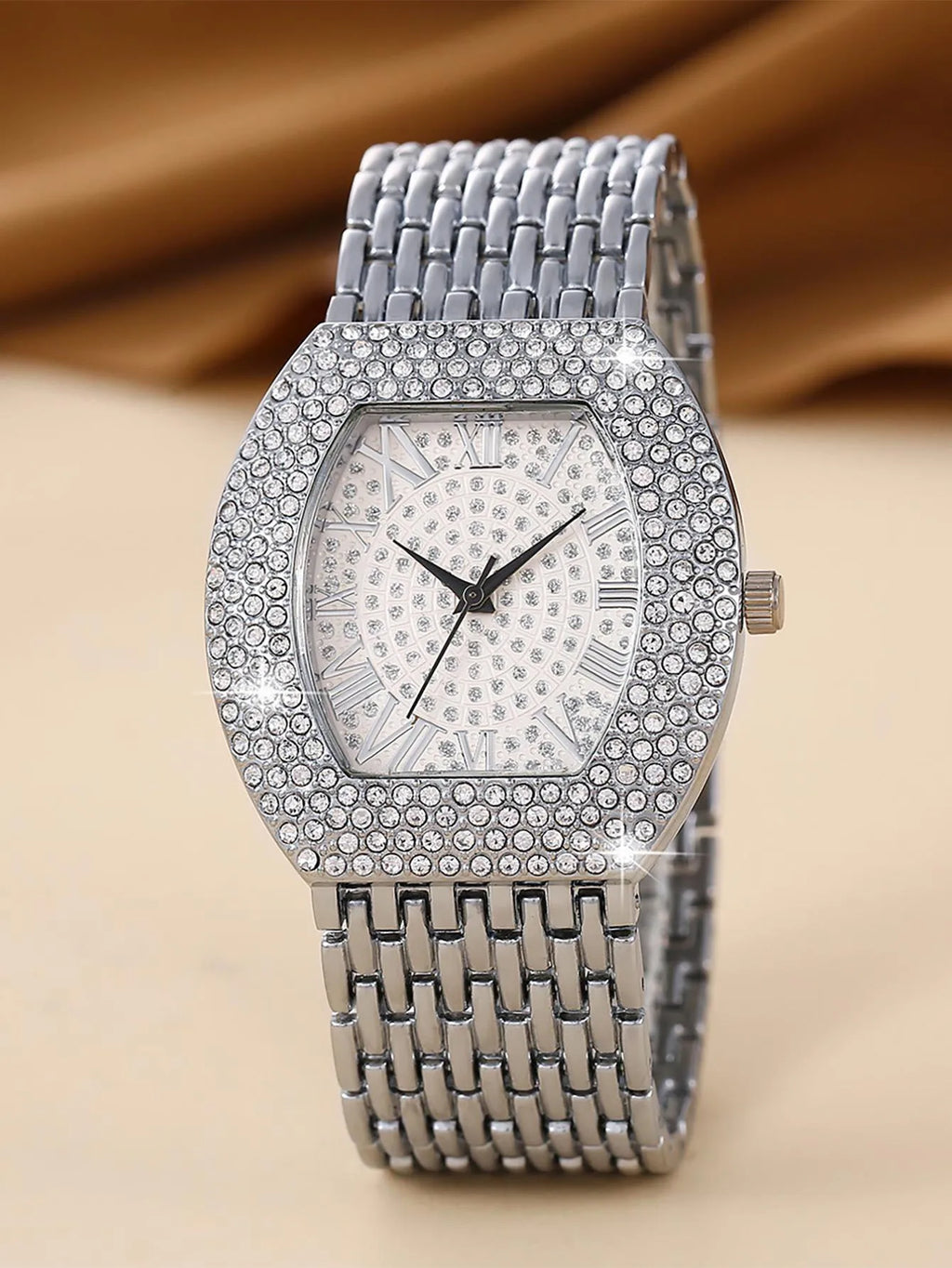 Women Gold Tonneau Watch Full Diamond Bling Roman Dial Stainless Steel Band Quartz Wristwatch Qme