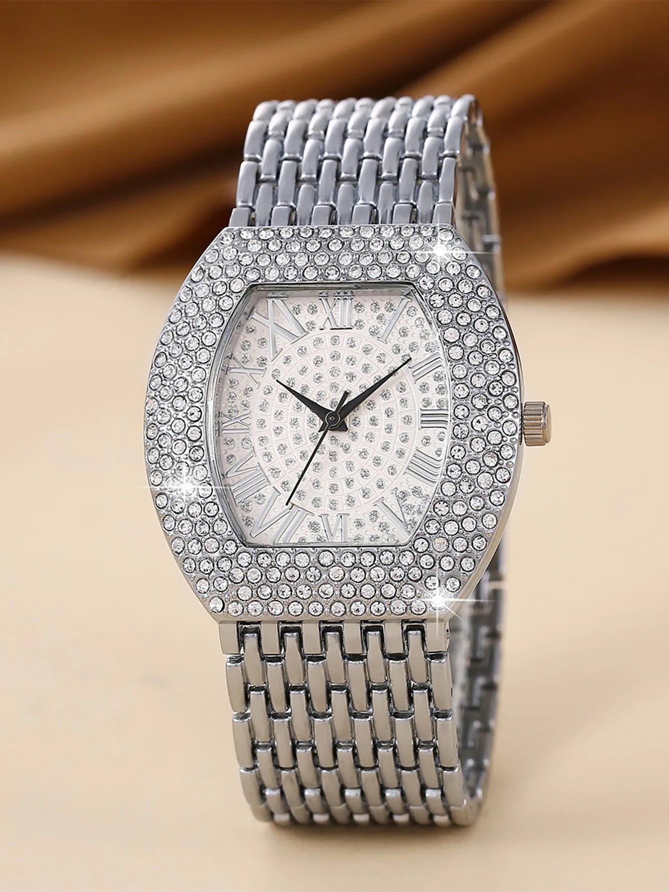 Women Gold Tonneau Watch Full Diamond Bling Roman Dial Stainless Steel Band Quartz Wristwatch Qme