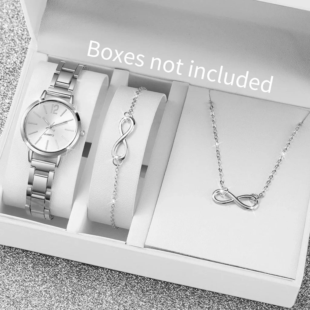3Pcs Women Simple Stainless Steel Infinity Jewelry Watch Gift Set Qme Silver