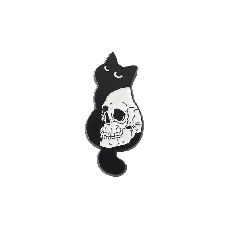 Black Cat Enamel Pin Skull Skeleton Brooch Badge Animal Gothic Flower Jewelry Kids Gift Party Lapel Clothes Backpack Wholesale Qme style 3