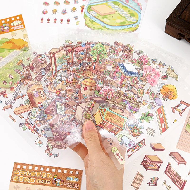 35 landscape stickers per book 2.5D Landscape Sticker Cartoon Scene DIY Sticker Stacking Pasting Festival Gift for Kid Child Qme