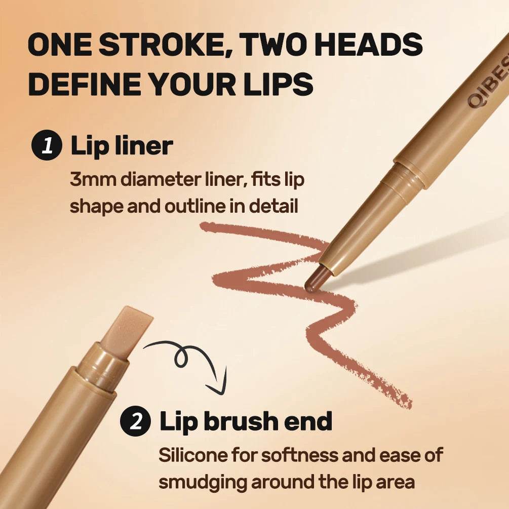 QIBEST Double Head Lip Liner&Brush Pen Makeup Mist Matte Contour Tint Lipstick Pencil 2 In 1 Stick Lasting Nude Black Lipliner Qme
