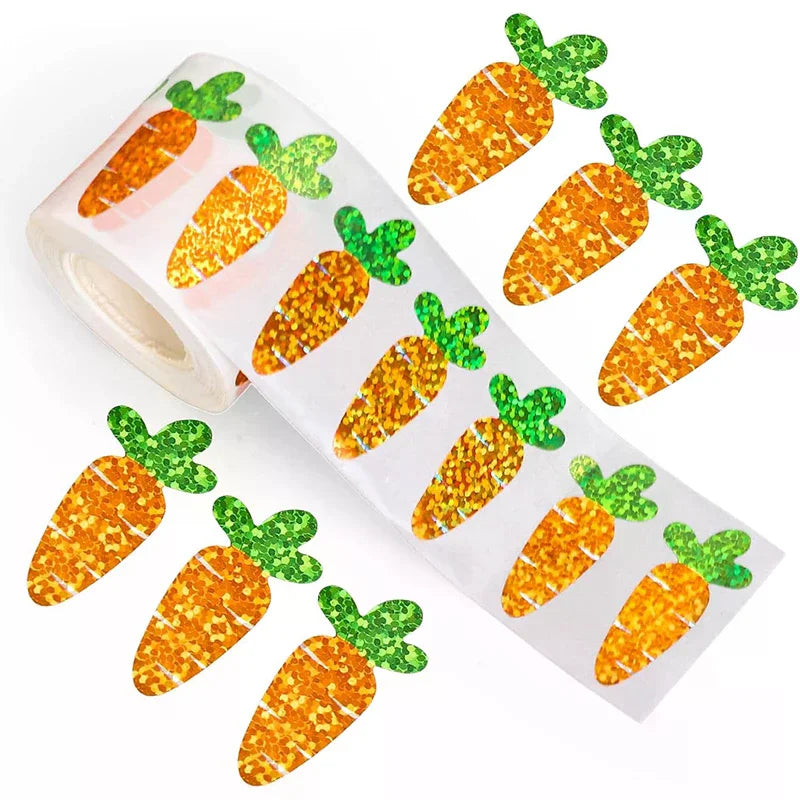 500pcs/roll Easter Bunny Carrot Stickers Holographic Waterproof Stickers For Easter Egg Hunt, Party Decorations, Scrapbooking Qme