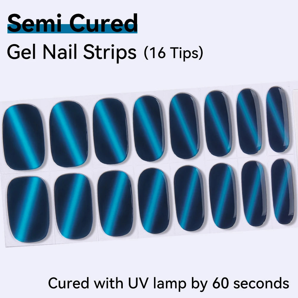 16Tips Red Blue Shine Cat Eyes Semi Cured Gel Nail Stickers Pure Fine Qme NF250055