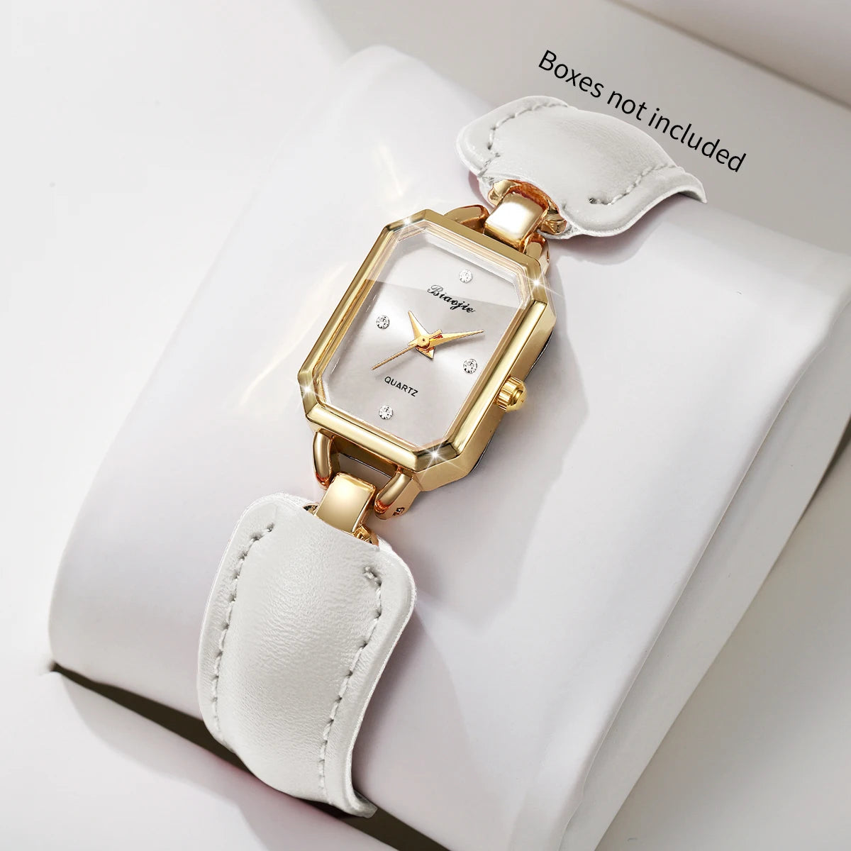 Ladies Slim Rectangle Dial Quartz Watch Rhinestone Mark White Leather Band Casual Daily Women Wrist Watch Gift Qme White No Box
