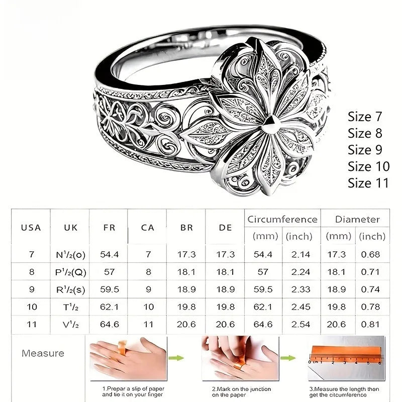 Vintage Flower Filigree Ring Silver Color Hollow Out Floral Statement Rings for Women Antique Carved Cocktail Party Jewelry Gift Qme