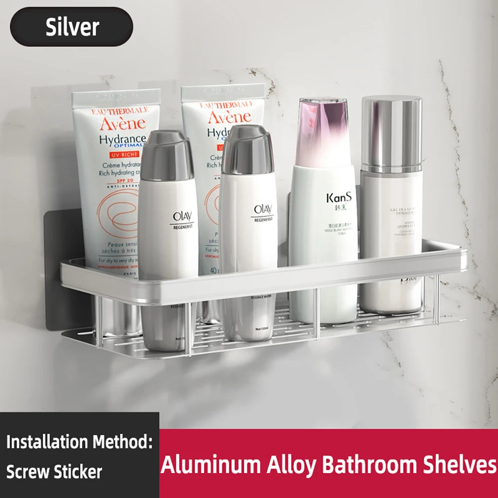 High Quality Wall Mounted Rectangular Rack Bathroom Storage Rack Towel Rack Wall Shower Shampoo Rack Drill Free Rack Tripod Qme Silver-B-1PCS