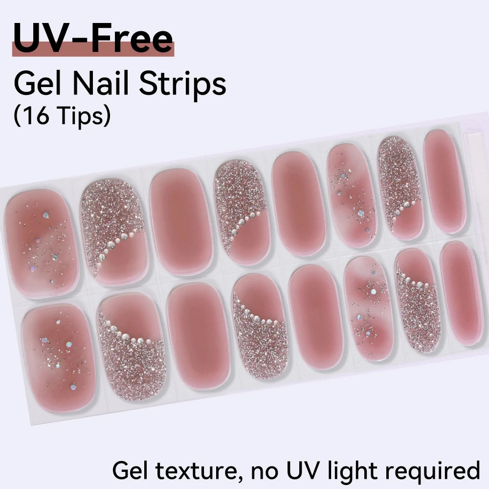 16Tips Pink Red French UV-Free Gel Nail Stickers Sparkly Shinning