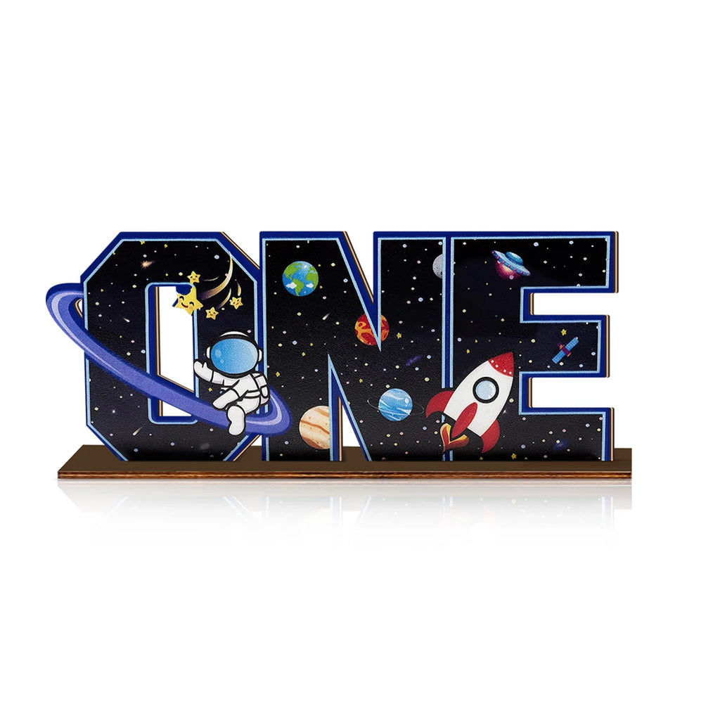 1SET 2D Universe Starry Sky Theme "ONE" Letter Wooden Desktop Decoration, Birthday Party Desktop Decoration Qme