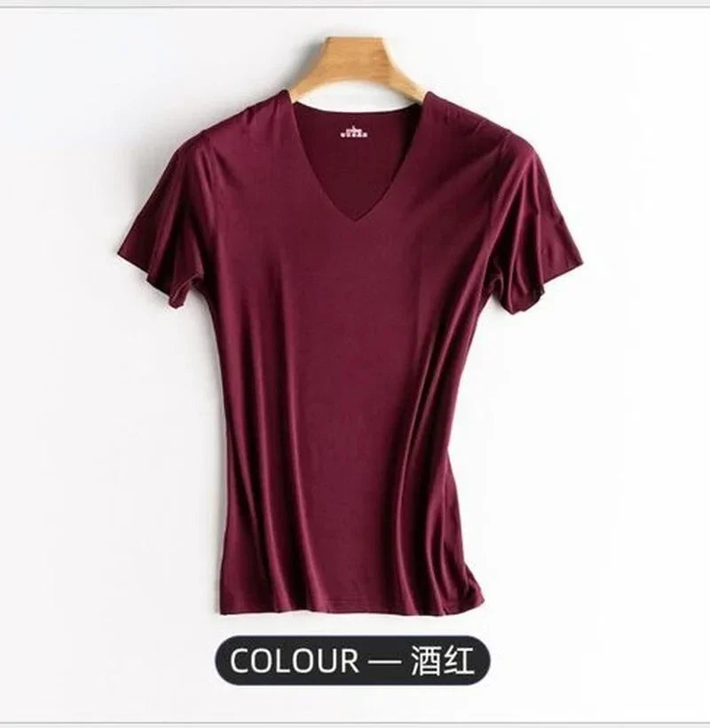 Men's Ice Silk Thin Cool Feeling V-Neck Large Size Men T-Shirt Short Sleeve Loose T-Shirt Solid Color for Male Tops Tees Qme Rd L