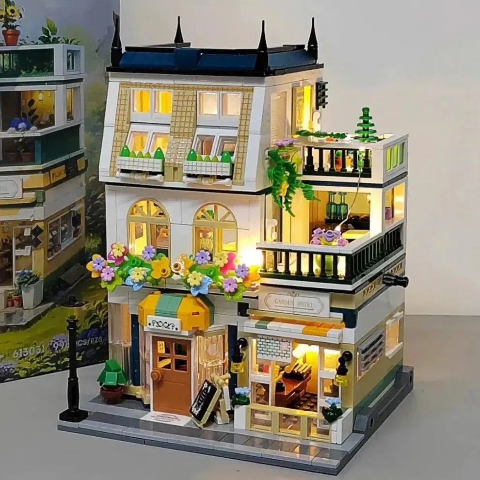 Mini Garden Hotel Model Building Blocks City Street House Construction Micro Bricks Display Toys Child Adult Boys Christmas Gift Qme