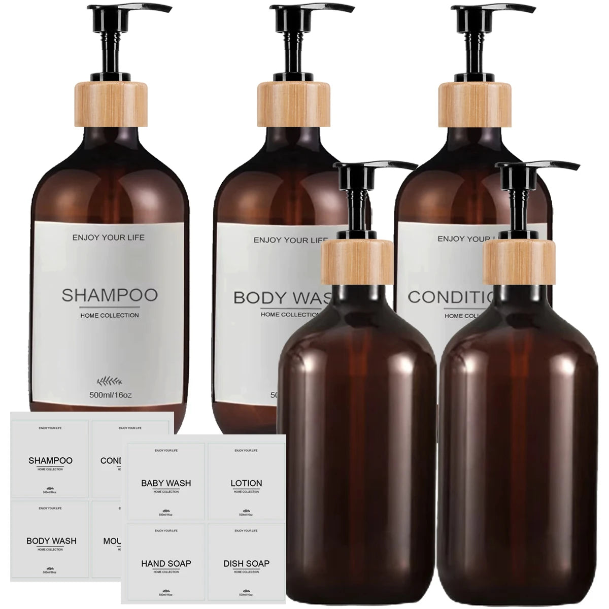 Refillable Amber Plastic Soap Dispenser with Bamboo Pumps Shatterproof Bottles for Shampoo Conditioner Body Wash Hand & Dish Qme 5PCS-B