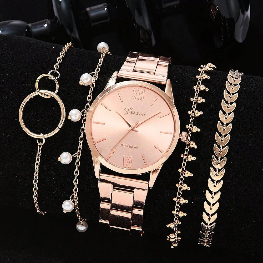 5PCS Quartz Watch Set Women Fashion Silver Round 3 Eyes Alloy Strap Wristwatch Gift Rhinestone Watch For Women Jewelry Set Qme 6