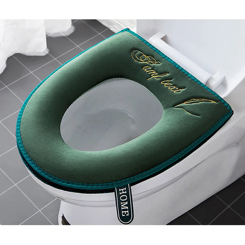 Universal Toilet Seat Cover Winter Warm Soft WC Mat Washable Removable Zipper Qme Green