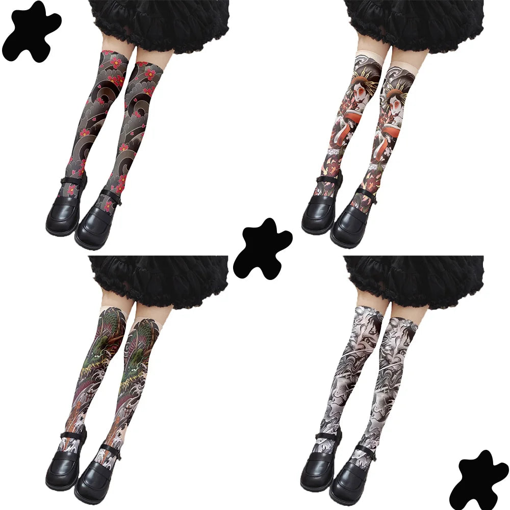 Sexy Long Tube Thigh-high Stockings Imitation Tattoo Pattern Velvet Qme