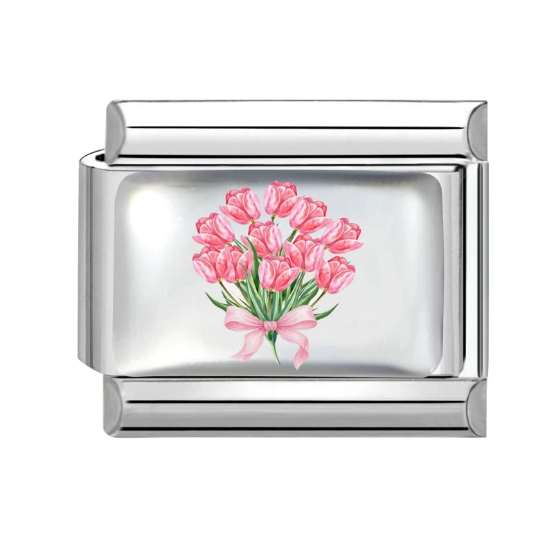 2026Fashion Pretty Colour Bow Cherry Flower Peach Blossom Charm Italian Links Fit 9mm Stainless Steel Bracelet Making DIYJewelry Qme S 14