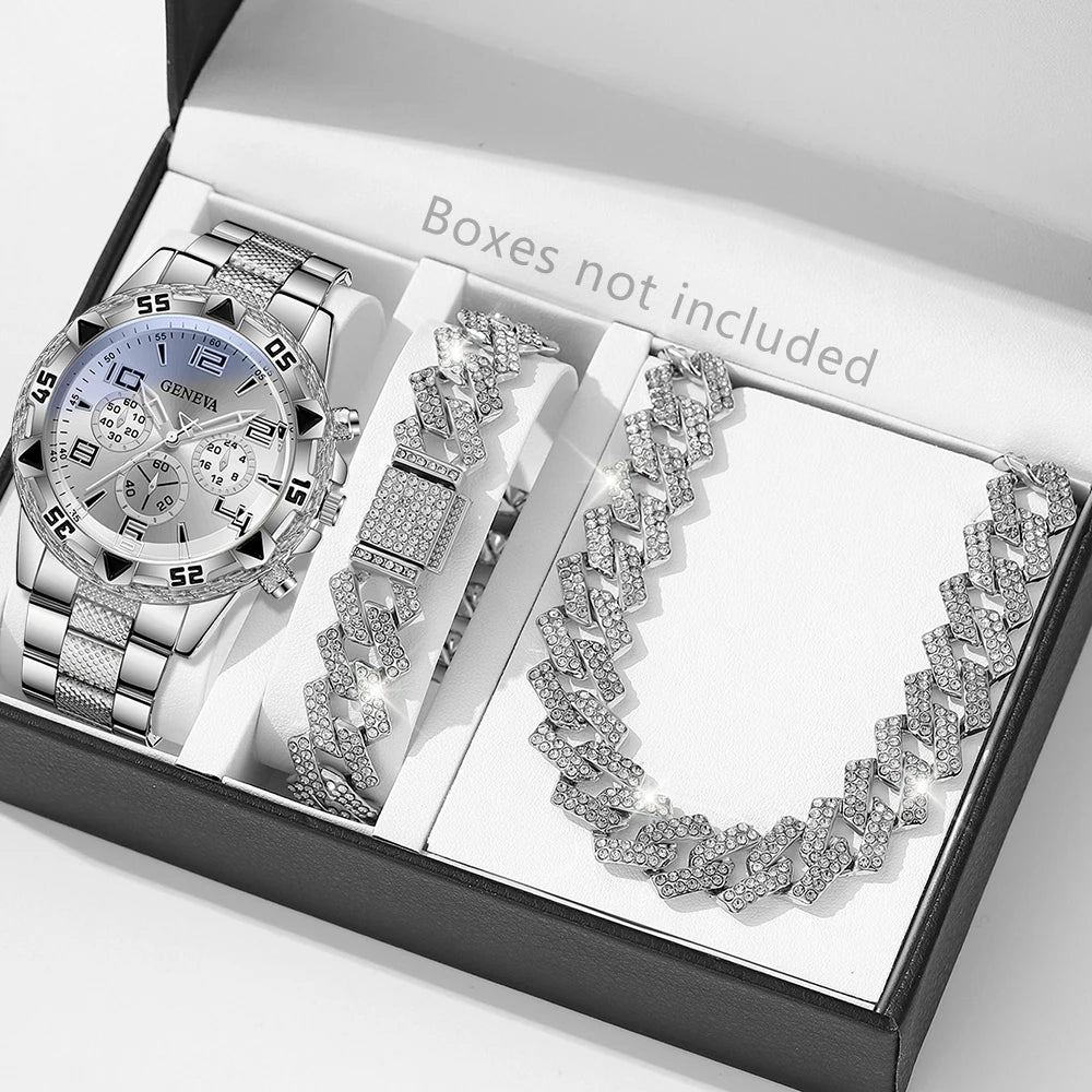 Geneva silver plate three eyed men's steel strap watch full diamond Cuban bracelet necklace three piece set, Qme Silver