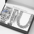 Geneva silver plate three eyed men's steel strap watch full diamond Cuban bracelet necklace three piece set, Qme Silver